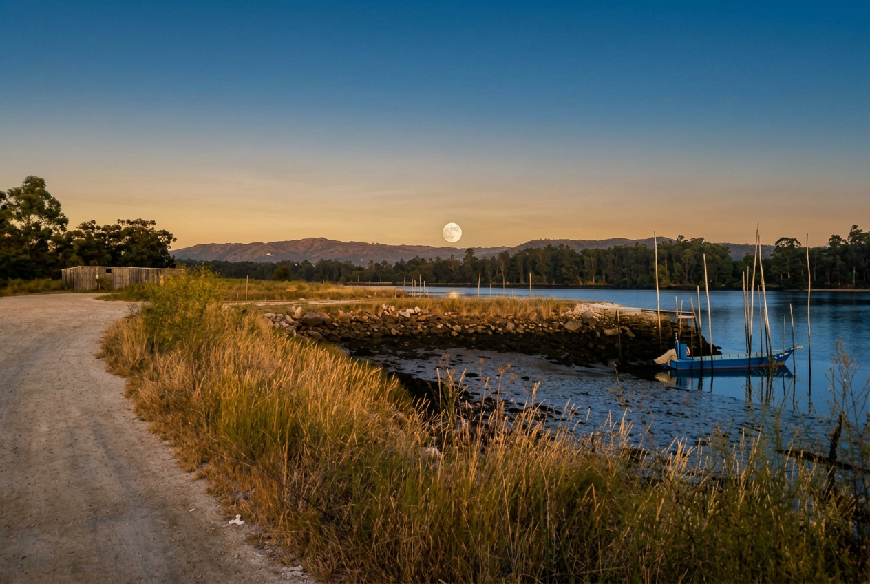 Caminho junto à margem do Rio Lima com barco azul ao entardecer